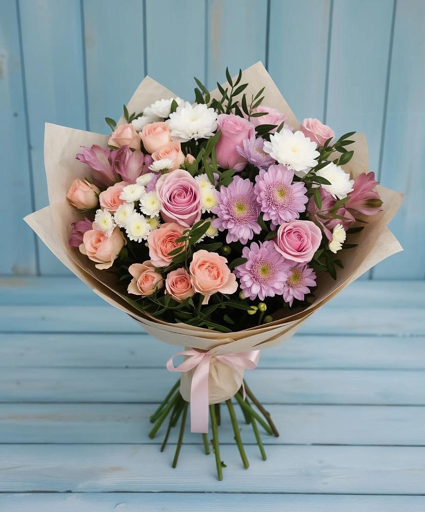 Букет цветов из: Хризантемы, Розы и Альстромерии в Старой Руссе