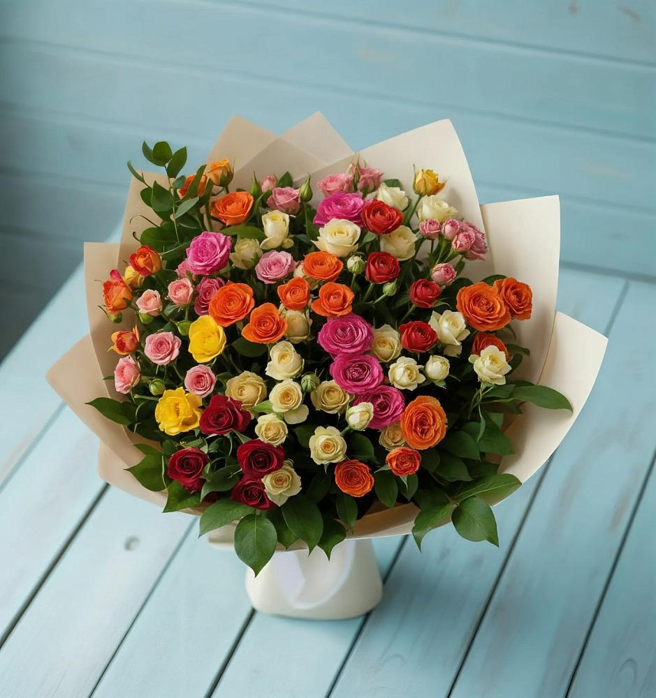 Букет Микс из разноцветных кустовых роз в Старой Руссе