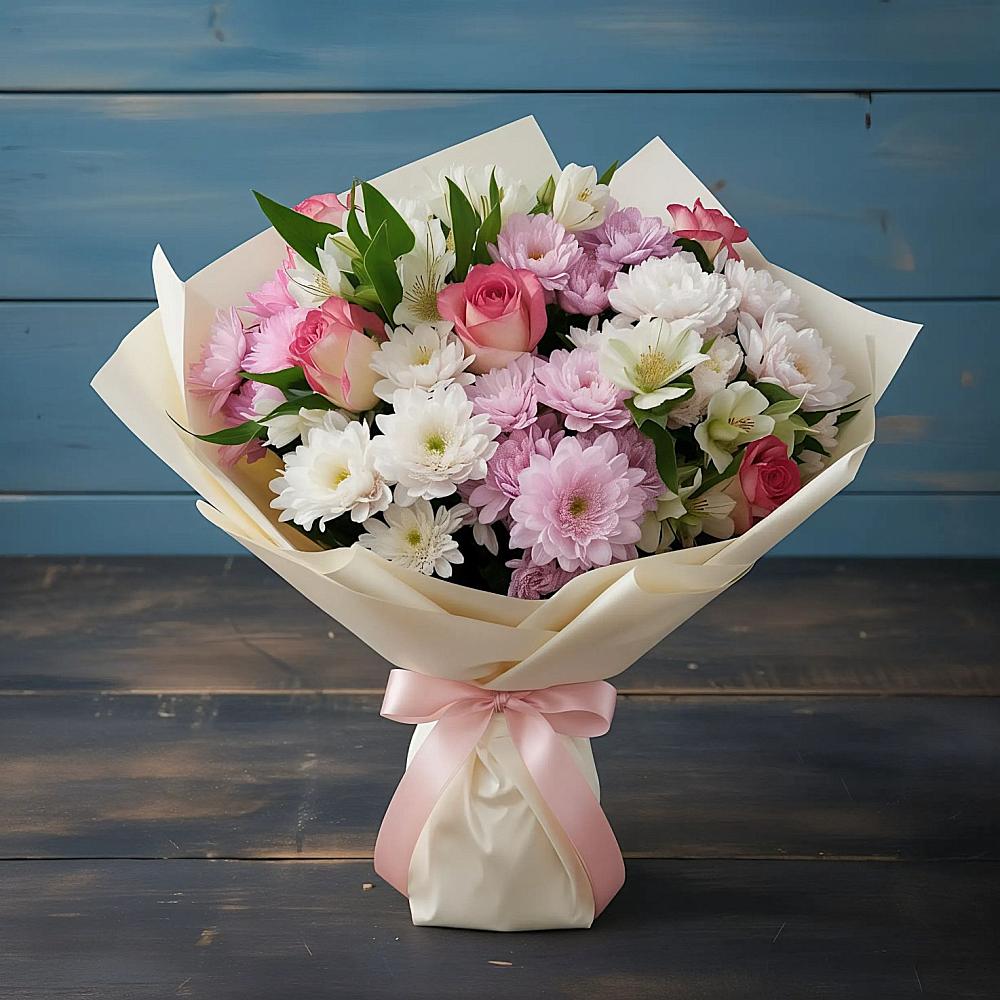 Букет цветов из: Хризантемы, Альстромерии и Розы в Старой Руссе